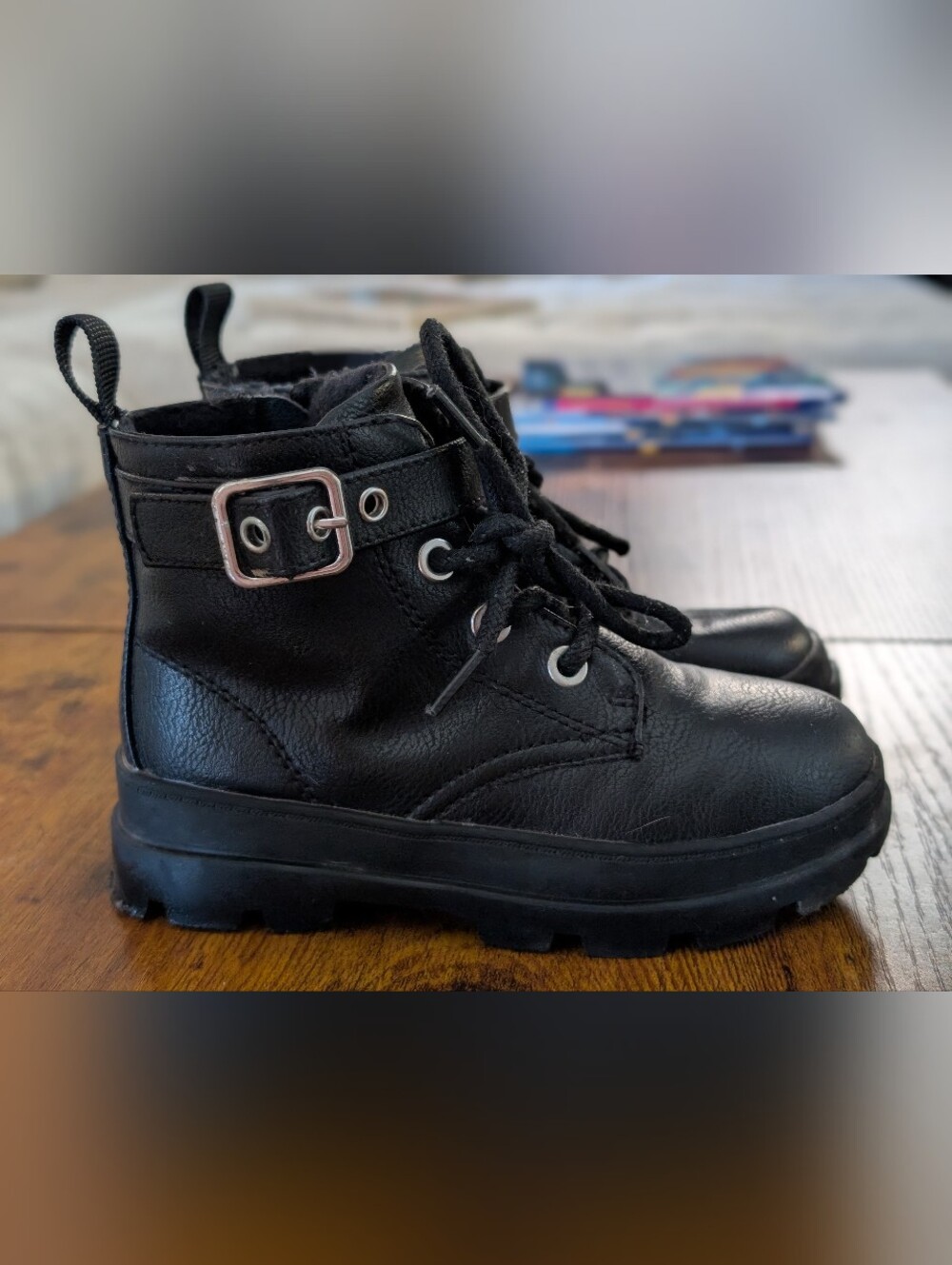H&M Kids Black Lace-Up Ankle Boots with Buckle Size 7.5